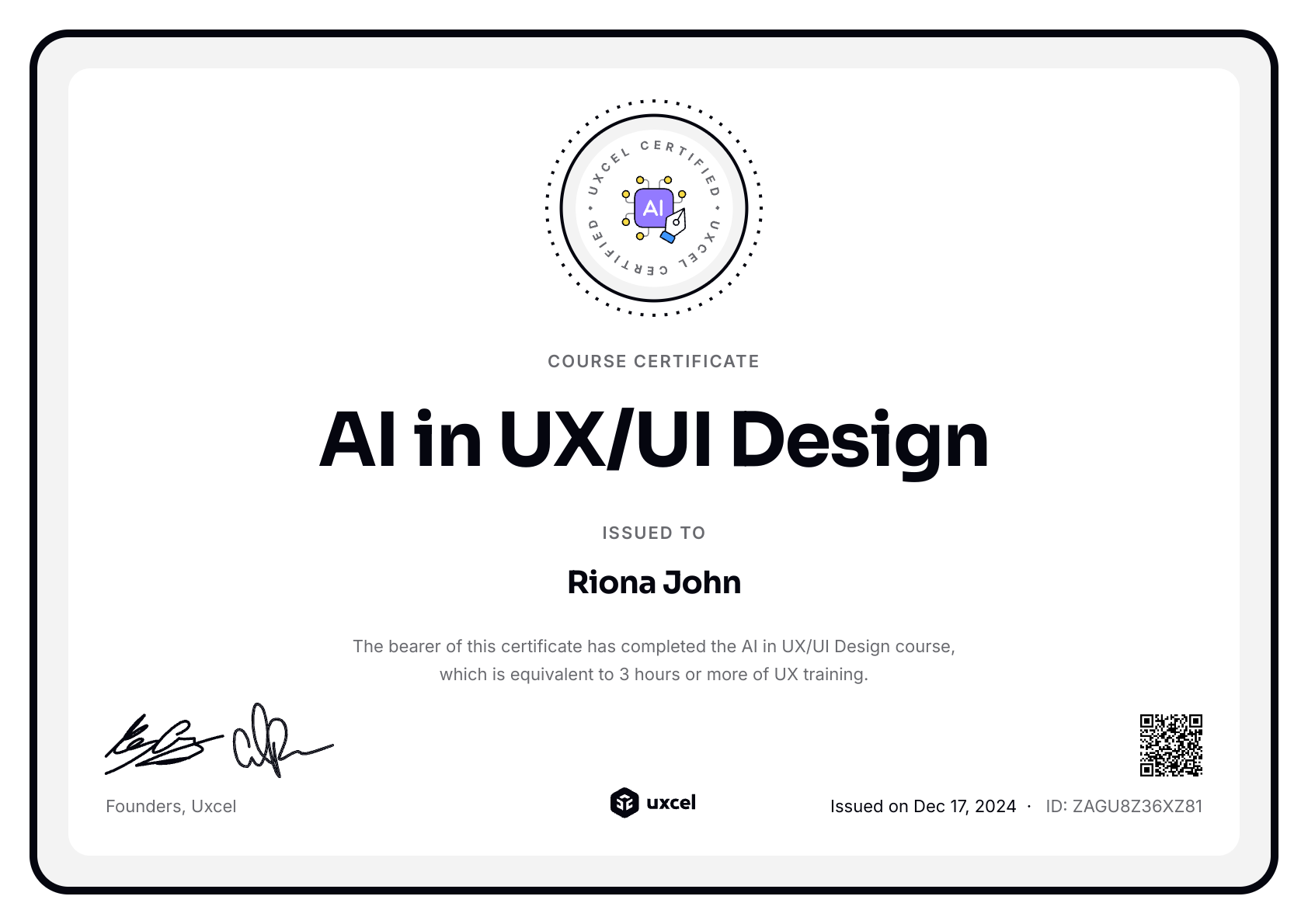 Riona John's certificate